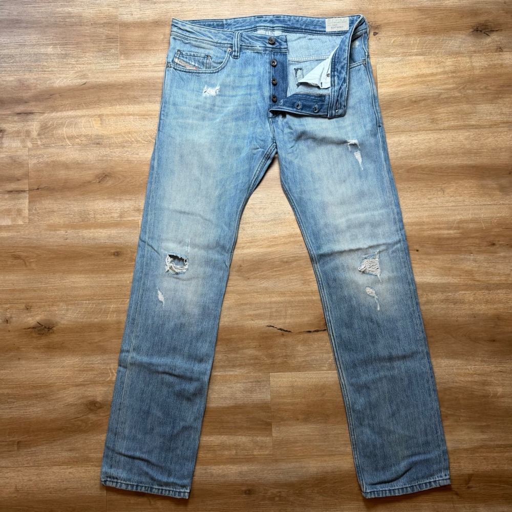 Diesel Safado Jeans Mens 33x32 Light Blue Slim Straight Distressed Denim R823P